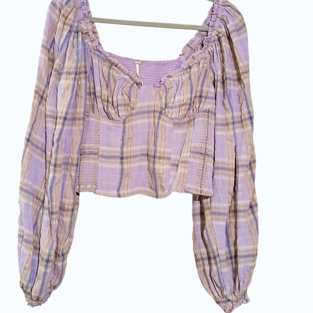 FREE PEOPLE Lavender Plaid Puff Sleeve Crop Midriff Blouse - Picture 3 of 12